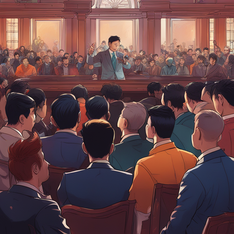 Hand-drawn digital illustration of Changpeng Zhao speaking to a crowd, Artstation HQ, digital art, detailed courtroom scene, trending on Artstation, vibrant colors highlighting bustling legal atmosphere