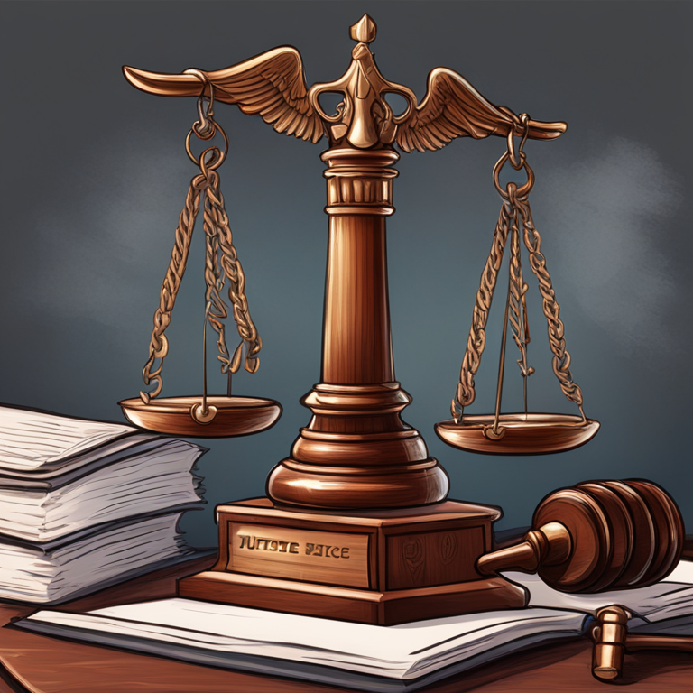 hand-drawn digital illustration of justice scales and a courtroom gavel, Artstation HQ, digital art, intensely detailed