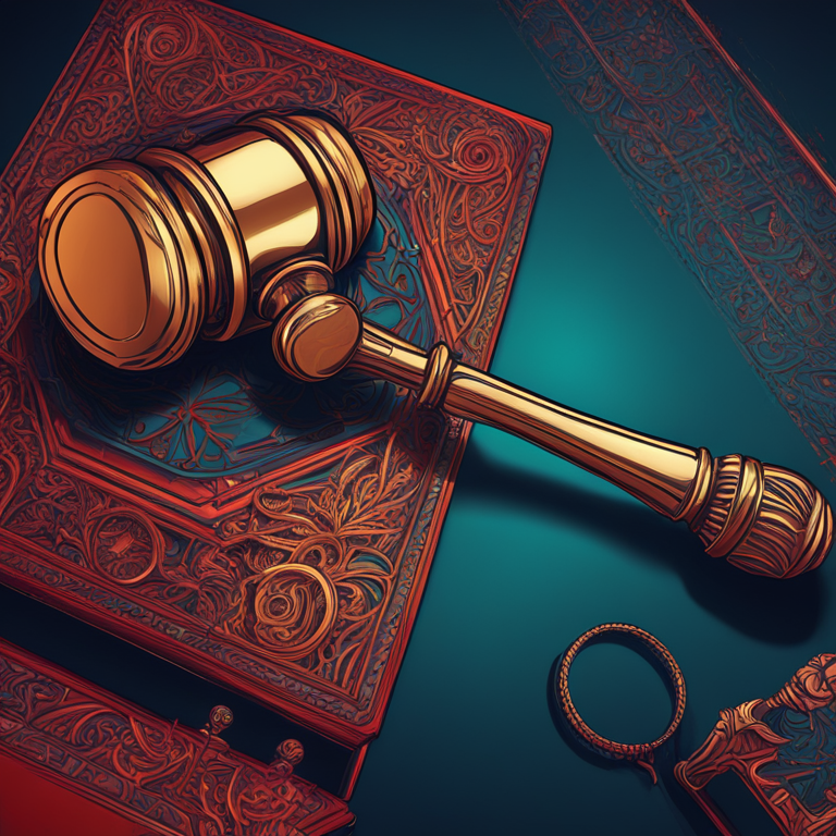 Abstract digital illustration of a legal gavel with intricate details, Artstation HQ, digital art, vibrant colors, representing the complexities of the judicial system, trending on Artstation