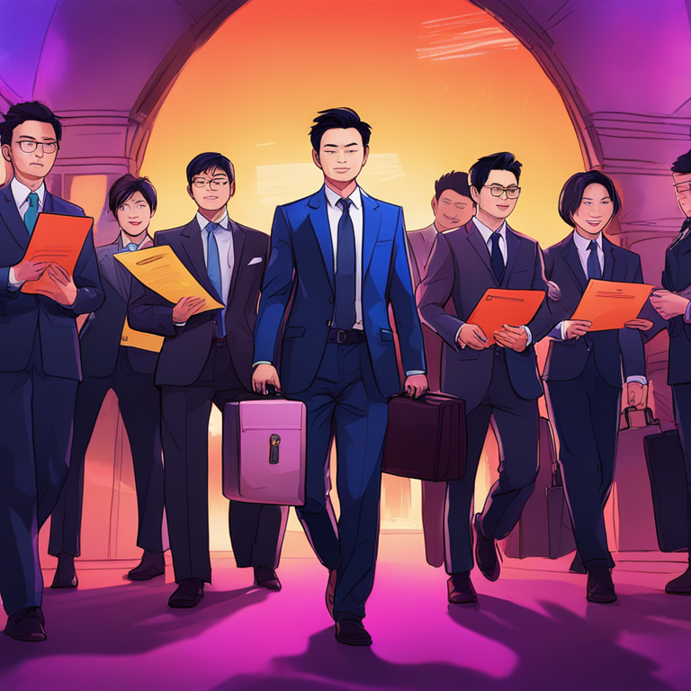 hand-drawn digital illustration of Changpeng Zhao with several lawyers holding documents and briefcases, digital art, Artstation HQ, vibrant colors