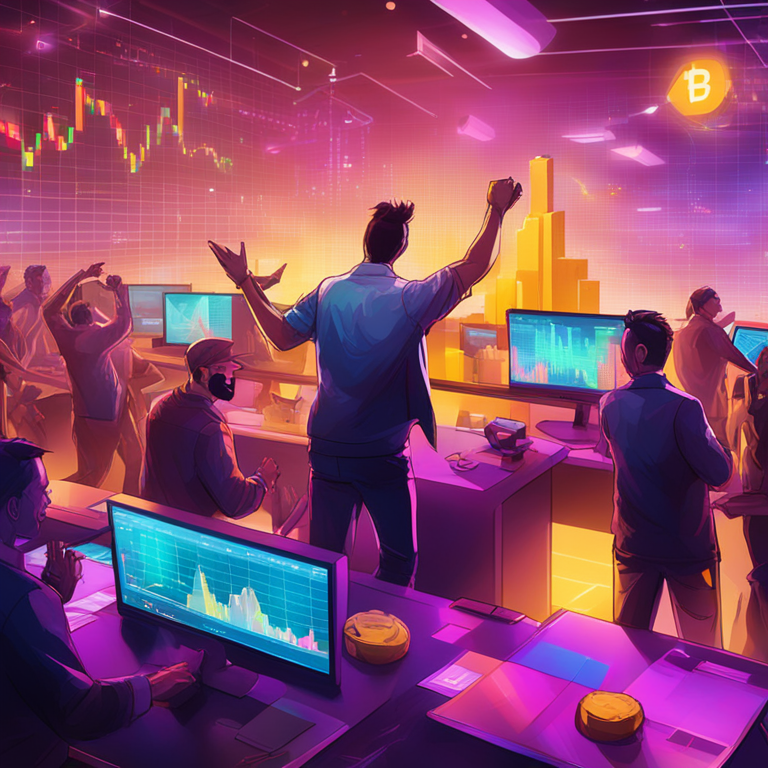 digital illustration showing traders' excitement after Binance’s update, digital art, dynamic and colorful charts, Artstation HQ, engaging and lively scene