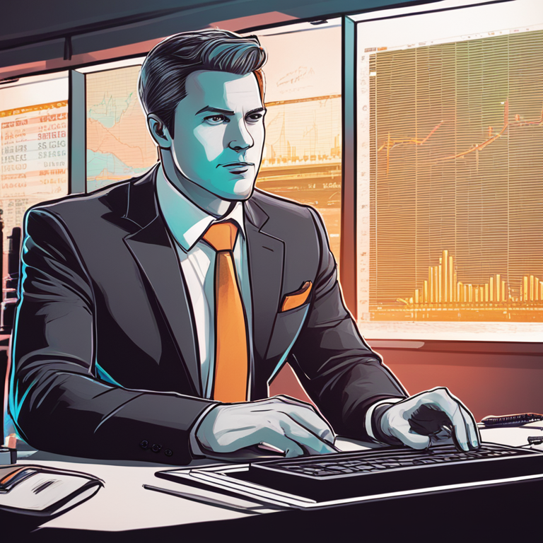 A hand-drawn digital illustration of Vanguard CEO making a statement about Bitcoin, Artstation HQ, digital art, featuring a corporate setting with an official looking focused, financial graphs in the background, modern and sleek design, soft lighting, detailed and vibrant colors