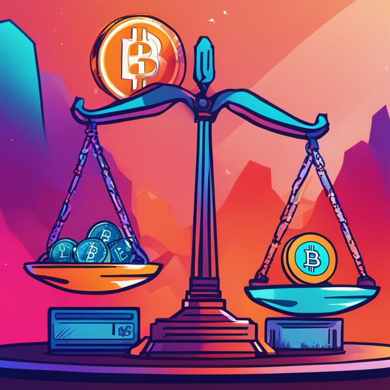 Stylized digital illustration representing Vanguard's stance on cryptocurrencies, featuring a hand-drawn abstract image with a balance scale, one side with Bitcoin and other assets, another with traditional stocks, and Vanguard's logo in the backdrop, Artstation HQ, modern and sleek design, vibrant colors