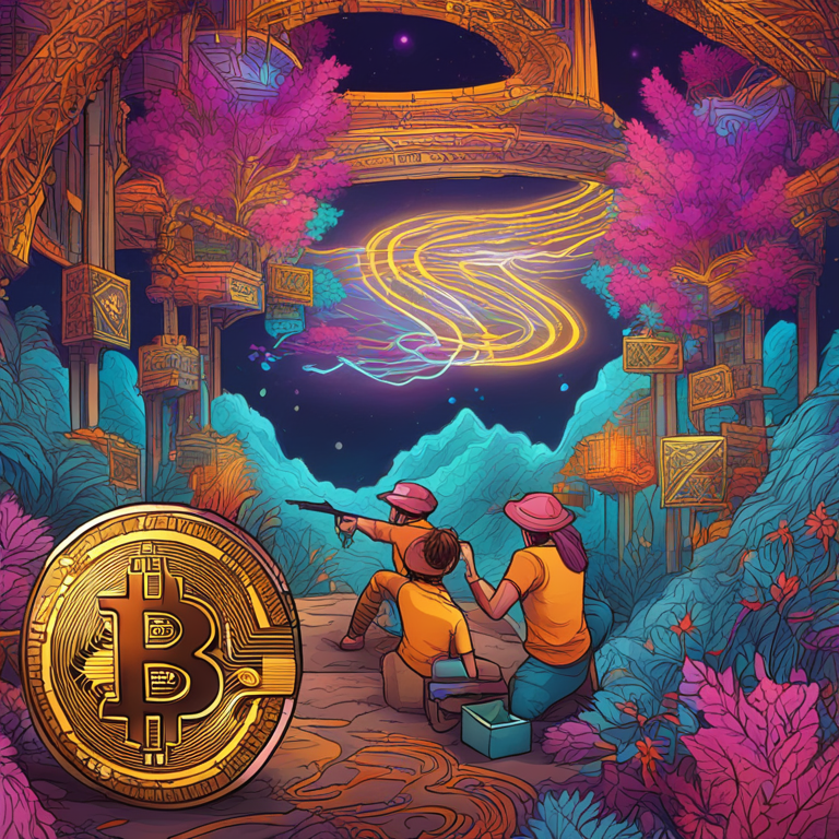 digital illustration of bitcoin NFTs being created from satoshi, hand-drawn, digital art, Artstation HQ, showing vibrant colors and intricate blockchain motifs