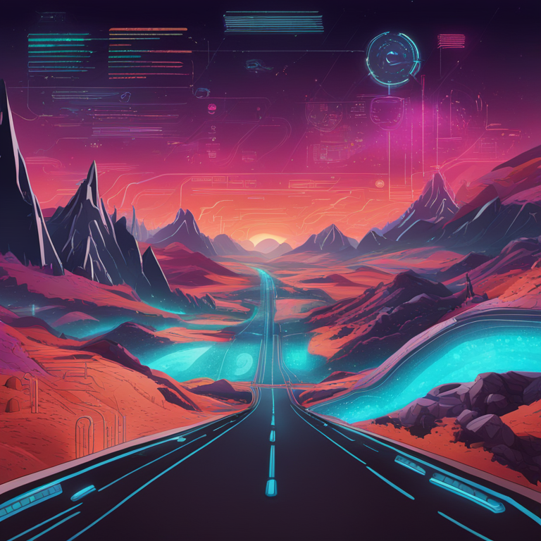 hand-drawn digital illustration of a futuristic roadmap presented in a high-tech bulletin board, trending on Artstation with vibrant colors, sleek digital art