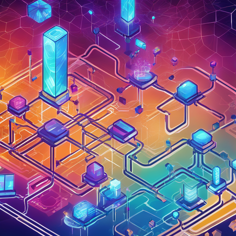 Hand-drawn digital illustration of interconnected blockchain networks with vibrant futuristic elements, representing seamless interoperability, Artstation HQ, digital art