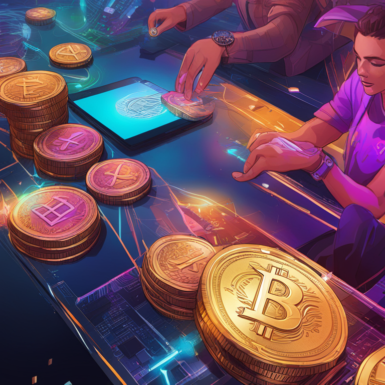 trendy magazine illustration showing digital coins being distributed, detailed, vibrant colors, Artstation HQ, digital art