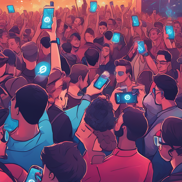 Hand-drawn digital illustration of Notcoin airdrop event on Telegram, showcasing energetic users mining tokens on their phones, vibrant graphics, cosmopolitan crowd setting, illustrated in Artstation HQ style