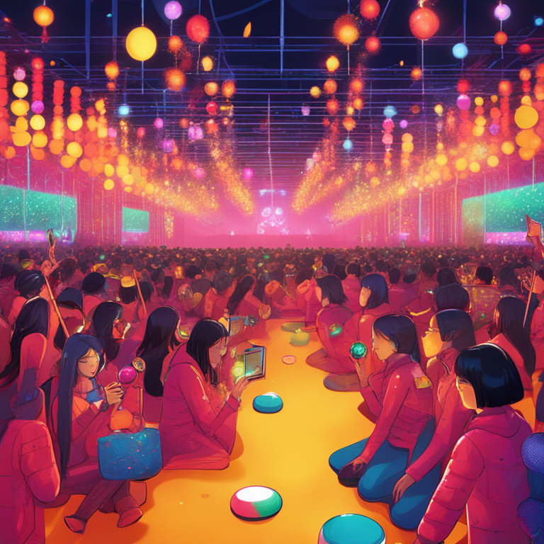 Digital illustration of a celebratory blockchain-themed event with Shytoshi Kusama featured prominently; high-quality Artstation HQ digital art style with vibrant lights and festive atmosphere.