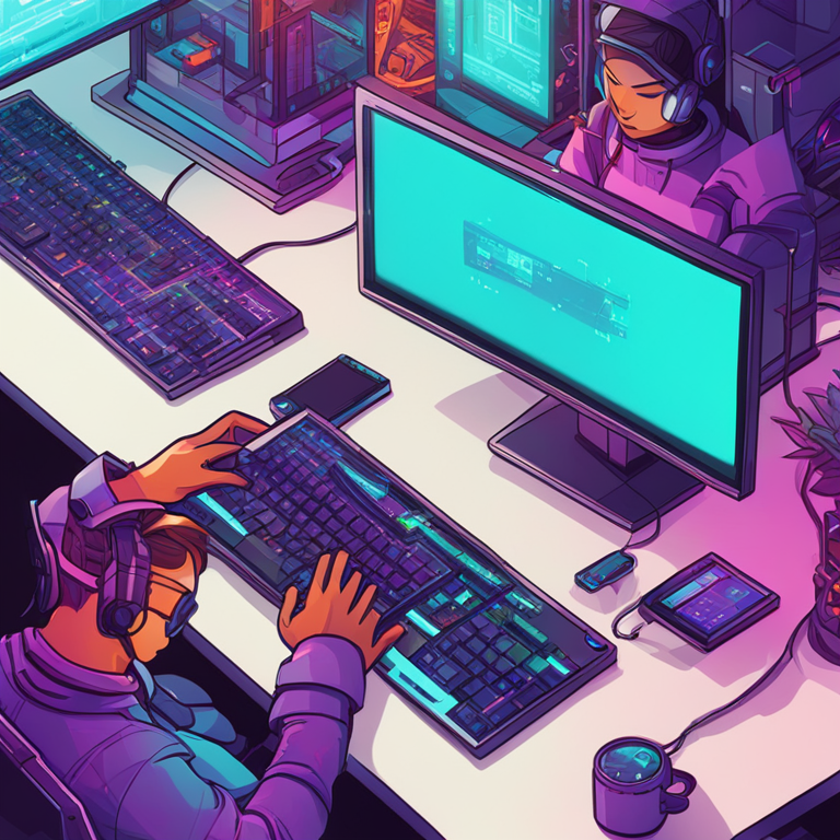 A detailed, hand-drawn digital illustration showing futuristic developers coding on high-tech devices, with vibrant hues and a cutting-edge theme, Artstation HQ, digital art