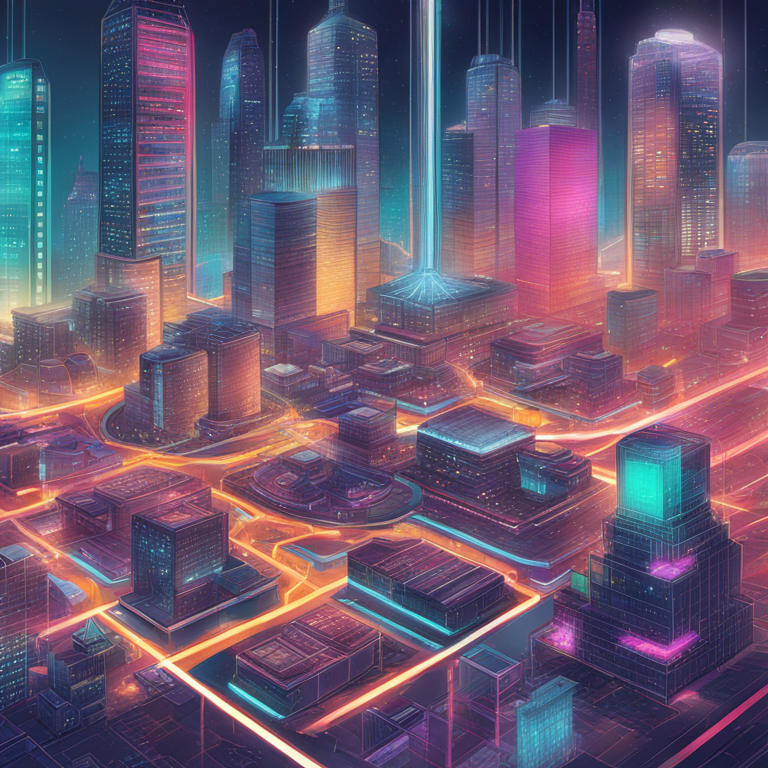 hand-drawn digital illustration of futuristic technology ecosystems, interconnected blockchain networks, and vibrant color palettes, Artstation HQ, digital art