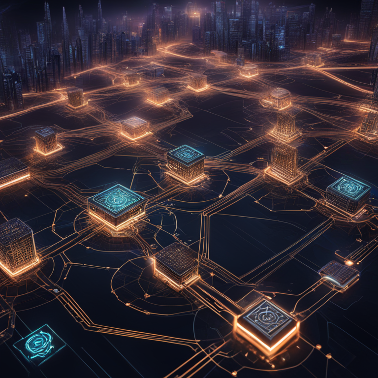 Hand-crafted digital art depicting an interconnected blockchain network, highlighting validators and delegations, Artstation HQ, digital art, futuristic and intricate detailed design.