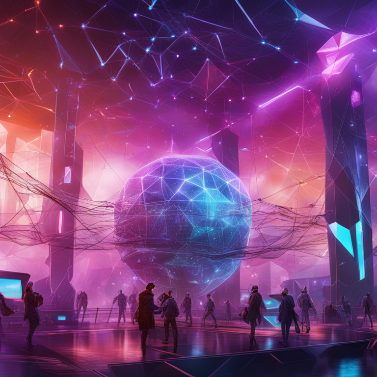 Artistic representation of Polygon zkEVM's future enhancements, digital illustration in vibrant colors, high-tech blockchain environment, detailed network structures, Artstation HQ, by Adi Granov and Laura Sava, futuristic themes