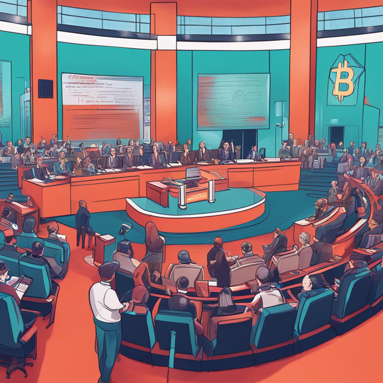 Hand-drawn digital illustration, a lively legislative assembly with people debating, Artstation HQ, colorful and dynamic, showcasing discussion on cryptocurrency bill, digital art, stylized trend magazine