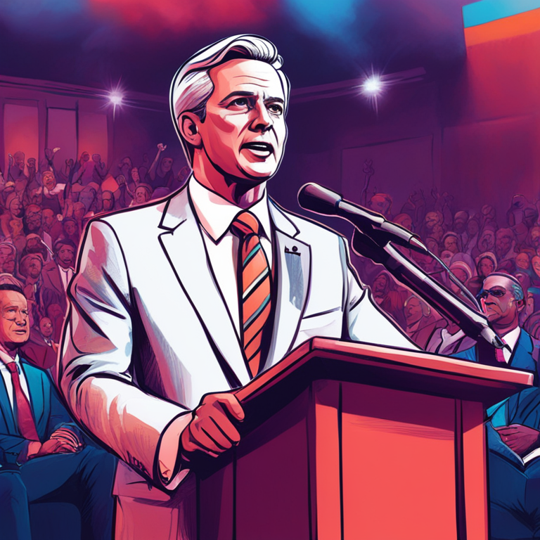 Hand-drawn digital illustration of a charismatic politician speaking at a podium with an attentive audience, vibrant colors, Artstation HQ, engaging and dynamic, political announcement, digital art