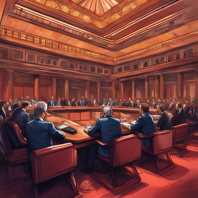 Hand-drawn digital illustration, Artstation HQ, digital art of a modern Turkish parliament session, focusing on cryptocurrency bill discussions, realistic, detailed, vibrant colors.