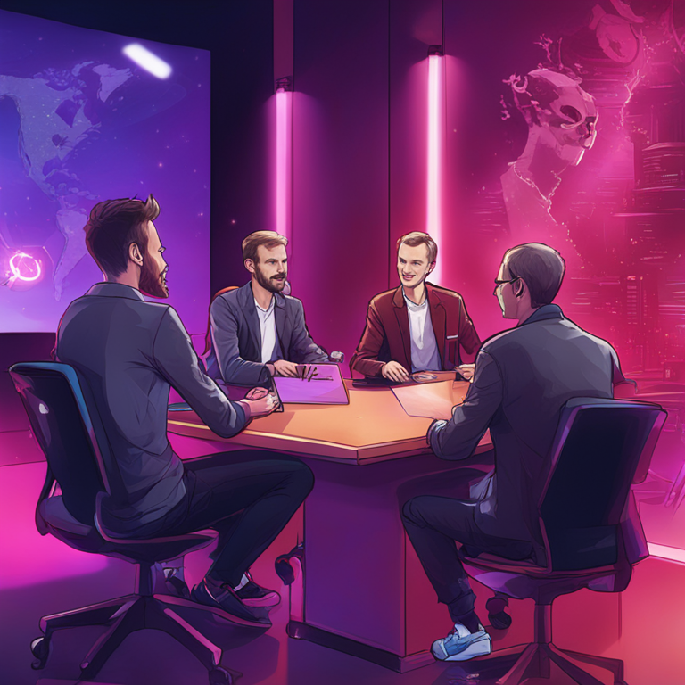 Detailed illustrated debate scene with Vitalik Buterin and Ethereum community experts discussing EIP proposals, Artstation HQ, digital art, engaging and vibrant, modern setting