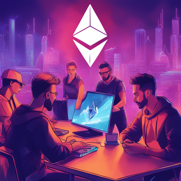 Hand-drawn digital illustration of Ethereum blockchain update discussion, featuring tech enthusiasts and Ethereum logos, Artstation HQ, vibrant and abstract, in-the-moment atmosphere