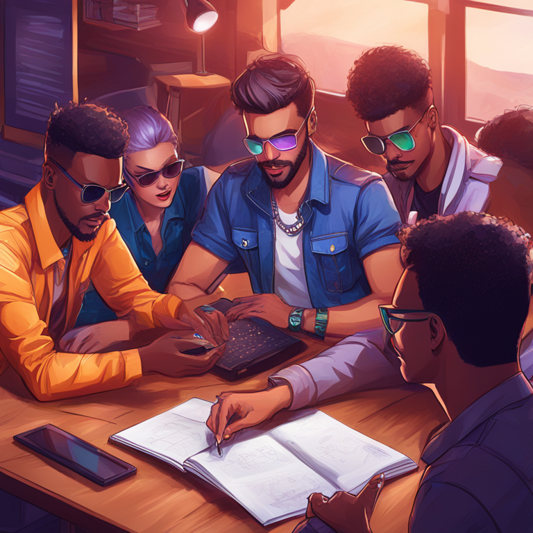 Detailed digital illustration portraying a brainstorming session about Ethereum’s EIP-7702, highlighting the key players and aspects, Artstation HQ, bright and engaging style