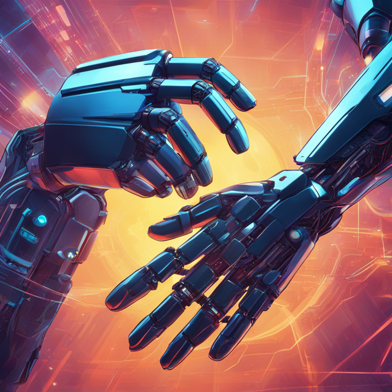 Vibrant digital illustration representing a handshake between two robotic hands against a backdrop of a futuristic network, Artstation HQ quality, digital art