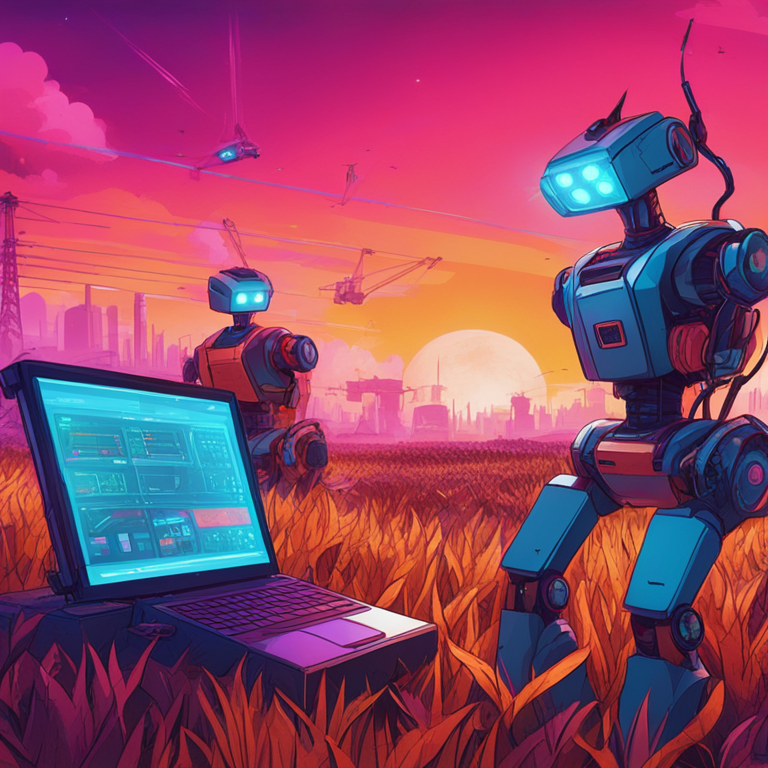 hand-drawn digital illustration, Artstation HQ, digital art: futuristic AI-driven economy with robots and digital interfaces, farming equipment interacting with blockchain technology, vibrant colors, trending on Artstation