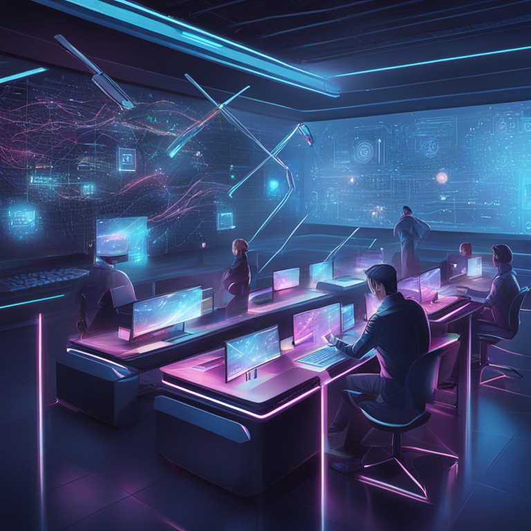 hand-drawn digital illustration, Artstation HQ, digital art: AI and blockchain interconnection, futuristic data network, interconnected devices, holographic displays, trending on Artstation