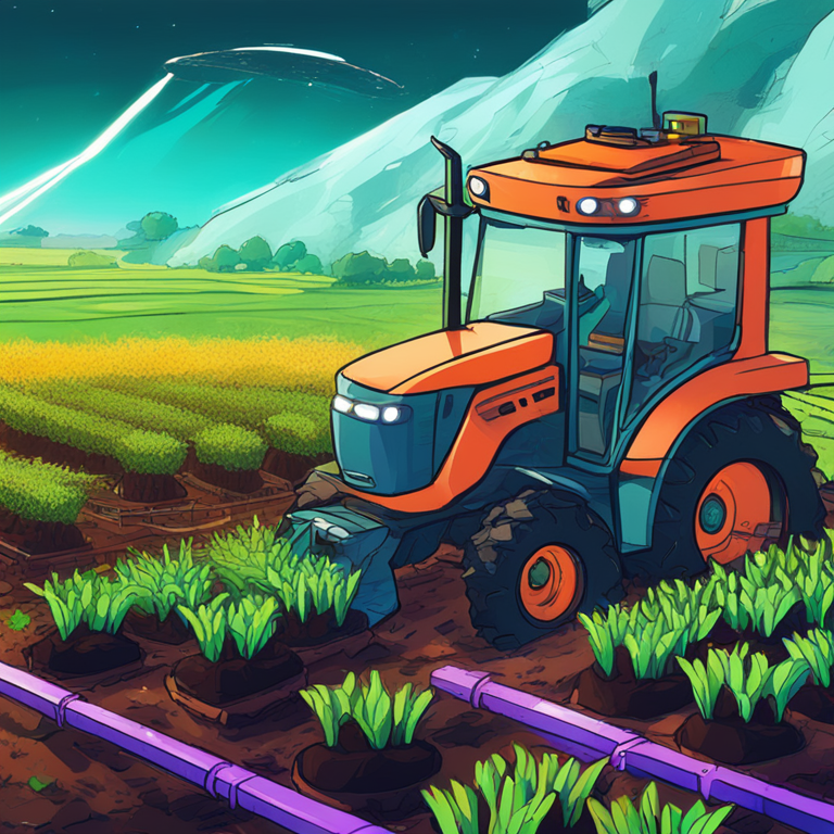 hand-drawn digital illustration of futuristic farming technology integration with AI and blockchain, stylized art, Artstation HQ, vibrant colors, digital art