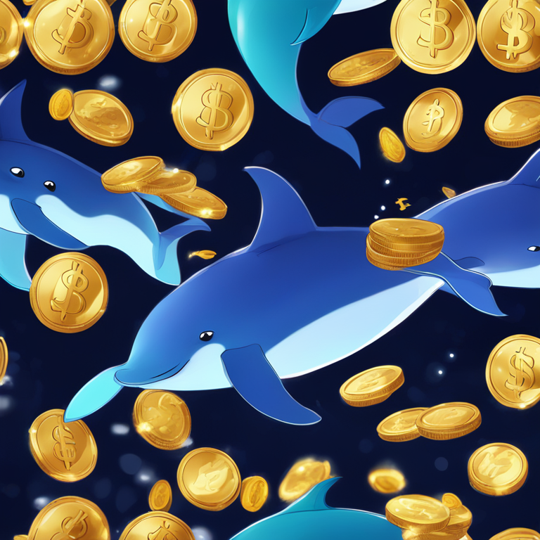 a digital illustration of Dogecoin whale activities, featuring cartoon whales underwater with golden coins, vibrant colors, digital art, Artstation HQ, trending on Artstation