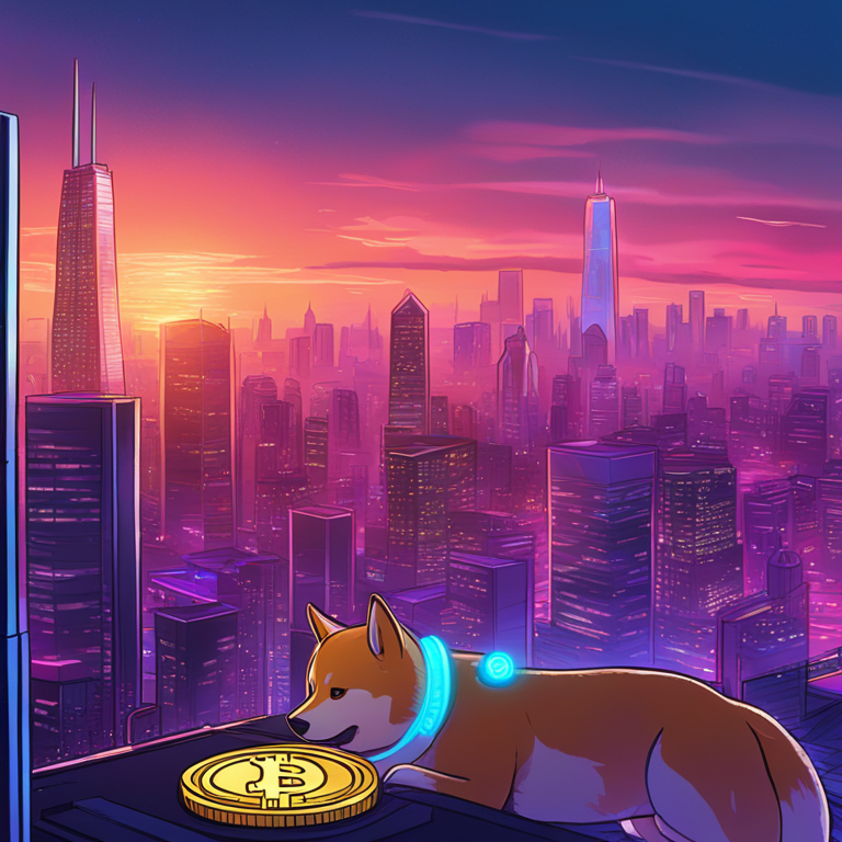 hand-drawn digital illustration, Artstation HQ, demonstrating Dogecoin's rising value, dynamic and futuristic city skyline backdrop, glowing digital coin, modern trading desks, vibrant colors, digital art