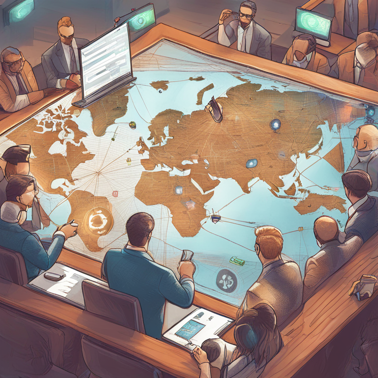 Hand-drawn digital illustration of regulators sharing oversight on a digital map of cryptocurrencies, Artstation HQ, digital art, collaborative theme