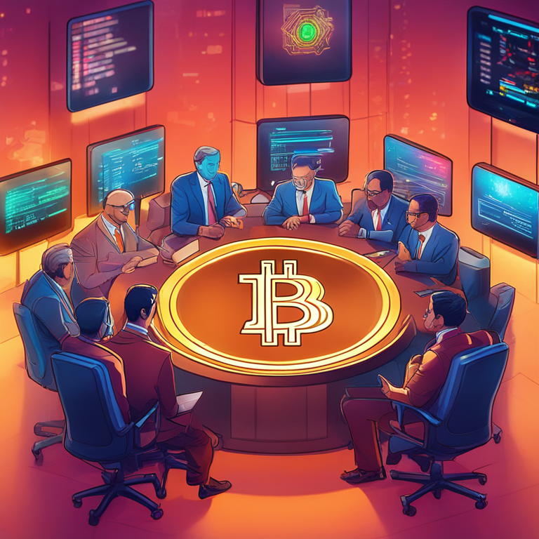 Cryptocurrency regulatory meeting with SEBI and RBI officials, digital illustration, Artstation HQ, vibrant colors, high-tech setting