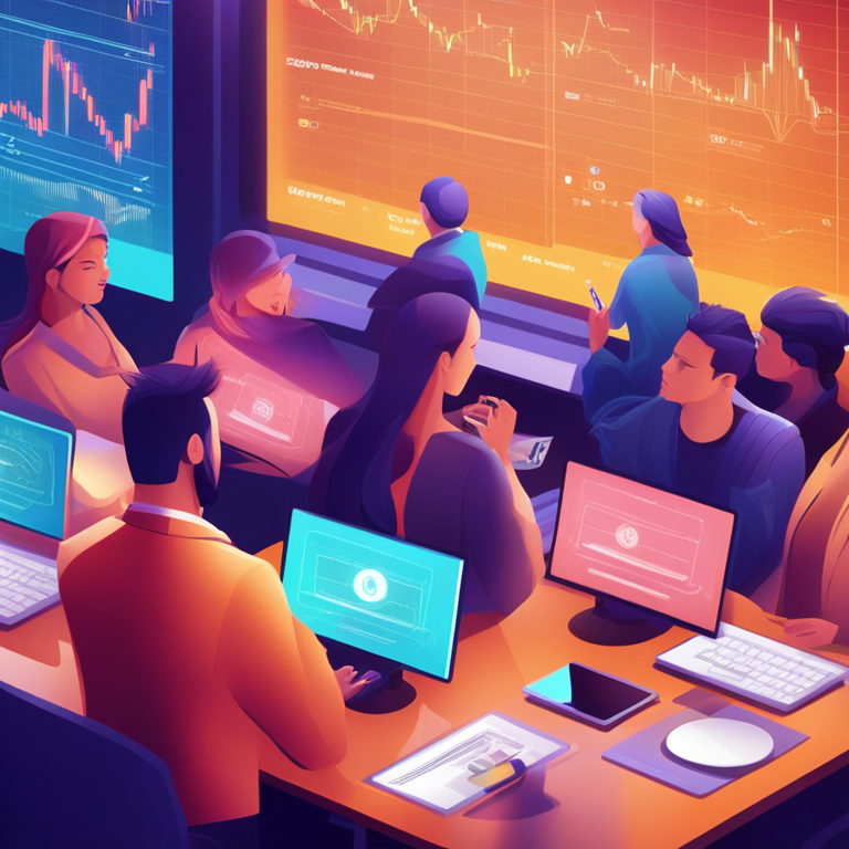 Cryptocurrency market analysis with various stakeholders engaged, digital illustration, Artstation HQ, diverse colors, contemporary style