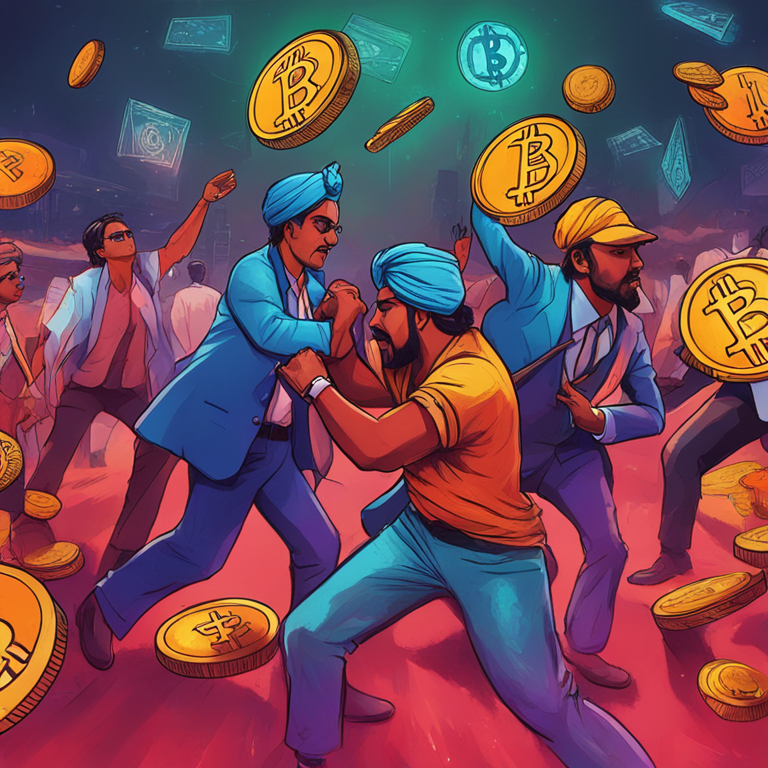 Colorful hand-drawn digital illustration of Indian market regulator and RBI figures clashing over crypto regulation, Artstation HQ, digital art