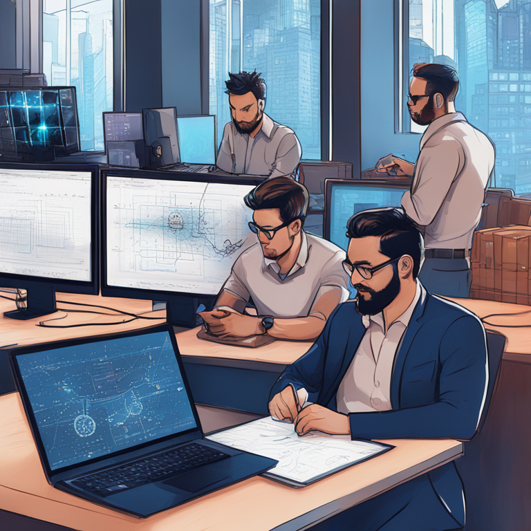 Blockchain developers using SubQuery’s data indexing services, hand-drawn digital illustration, developers in action, Artstation HQ, digital art