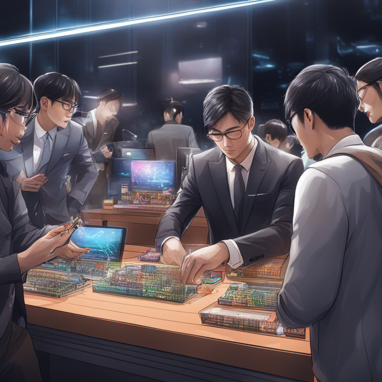 Artistic depiction of South Korean retail investors engaging in crypto trading in a digital marketplace, Artstation HQ, digital art