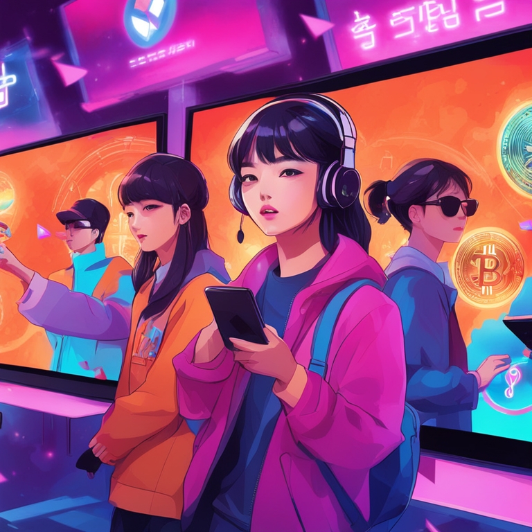 digital illustration of South Korean youth with digital screens, cryptocurrency symbols, modern art, Artstation HQ, vibrant colors, trendy magazine style