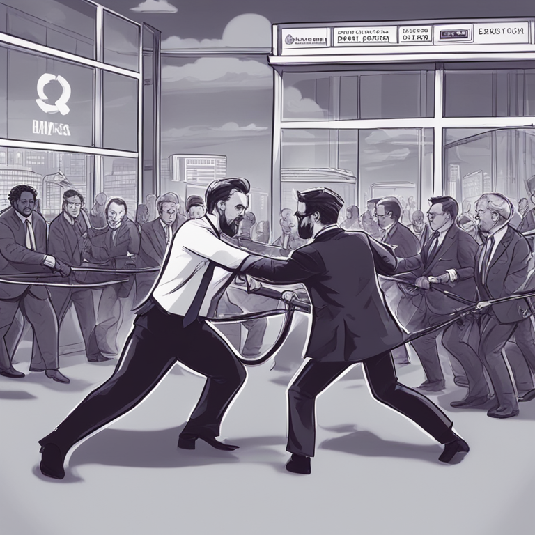 Hand-drawn digital illustration showcasing the UK's financial sector with a tug-of-war theme between traditional banks and modern financial regulations, emphasizing consumer protection and online transaction security, Artstation HQ, digital art