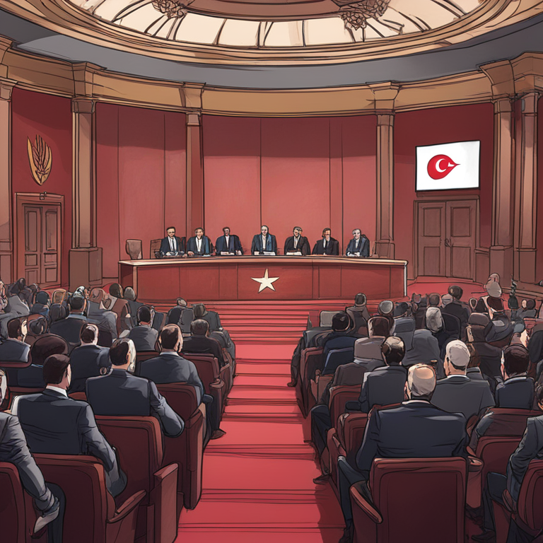 A hand-drawn digital illustration showing a serious press conference scene in the Turkish Grand National Assembly, Artstation HQ, digital art, trending magazine style