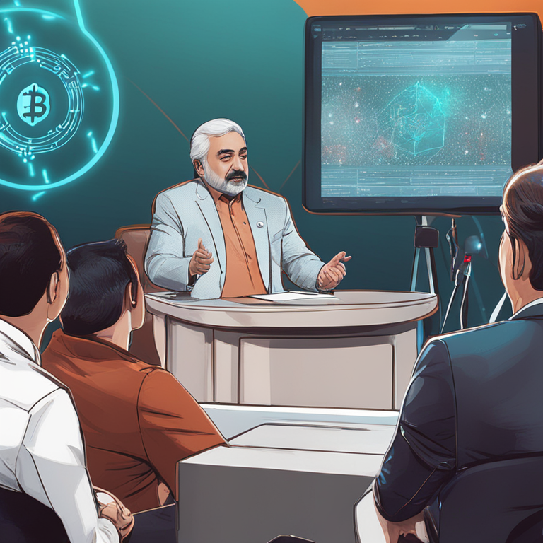 Illustration of Abdullah Güler speaking at a press conference, surrounded by digital elements representing cryptocurrency, Artstation HQ, digital art, magazine cover quality