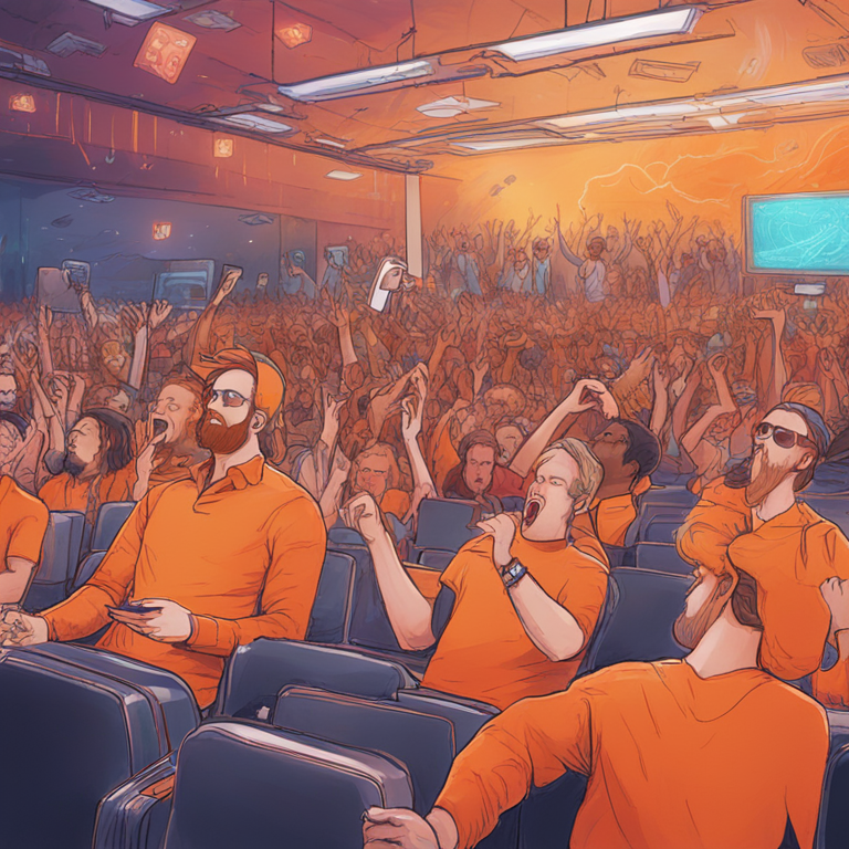 tech enthusiast Michael Saylor making a surprising meme statement about Bitcoin, lively hand-drawn digital illustration, vibrant, engaging audience reactions, Artstation HQ, digital art, modern setting