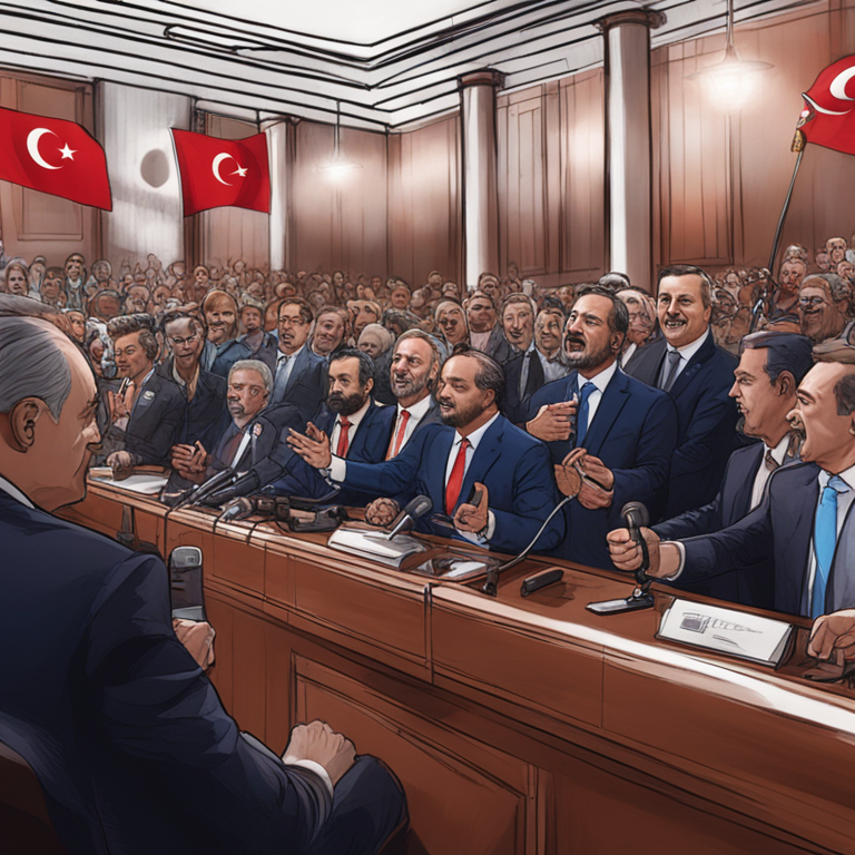 exciting press conference scene in the Turkish Grand National Assembly, politicians discussing the new cryptocurrency bill, vibrant, detailed expressions, hand-drawn digital illustration, Artstation HQ, digital art, lifelike figures, soft lighting, engaging crowd