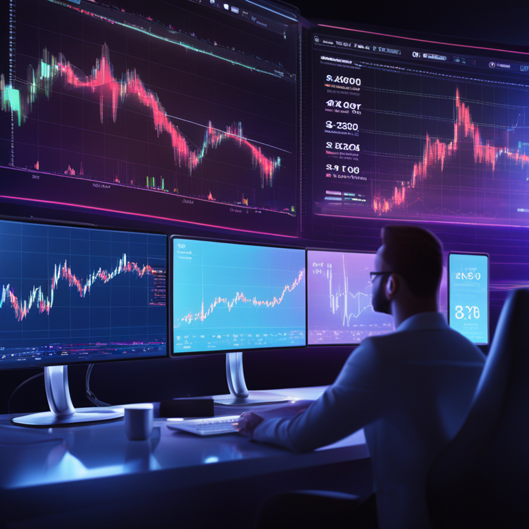 a digital representation of Cardano price surge displayed on futuristic monitors, realistic style, vibrant surge lines, financial graphs, crypto trading, immersive experience, Artstation HQ, high-tech, trending