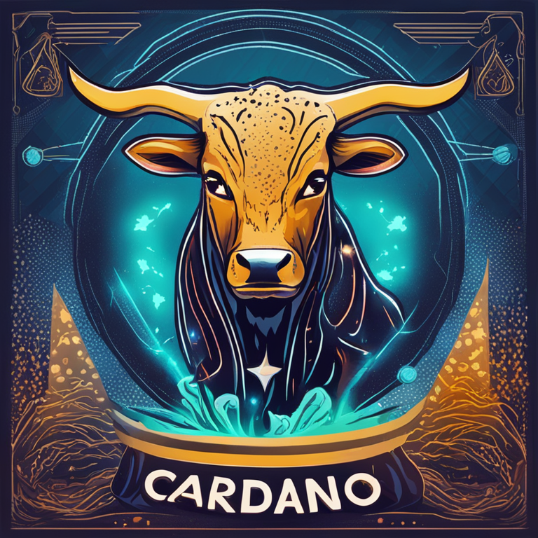 Hand-drawn digital illustration showing a bullish market trend and Cardano logo, high-energy, trending on Artstation, digital art