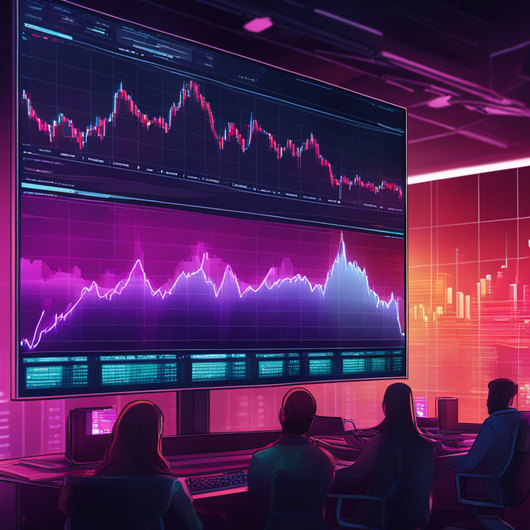 hand-drawn digital illustration, Artstation HQ, digital art, showing a fluctuating cryptocurrency graph on a high-resolution futuristic trading screen, vibrant colors, futuristic background, realistic trading environment, sleek design