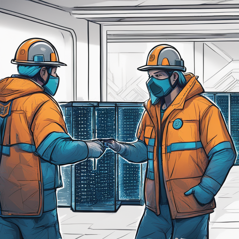 Bitcoin miners facing challenges, hand-drawn digital illustration, Artstation HQ, digital art, abstract depiction of blockchain processing and earnings, trending on Artstation, modern, vibrant