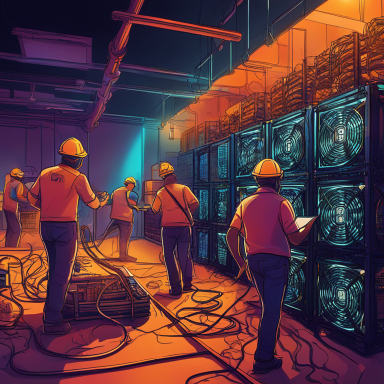 hand-drawn digital illustration, Artstation HQ, digital art, Bitcoin mining operation with miners struggling to maintain equipment, abstract colors representing financial stress and fluctuating earnings, trends in cryptocurrency, high resolution and vivid hues