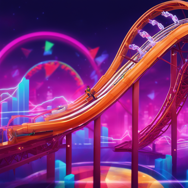 an abstract digital illustration showing XRP's price fluctuations, Artstation HQ, digital art, featuring a roller coaster with market graphs, currency symbols, and a dynamic background, bright and colorful, trending on Artstation