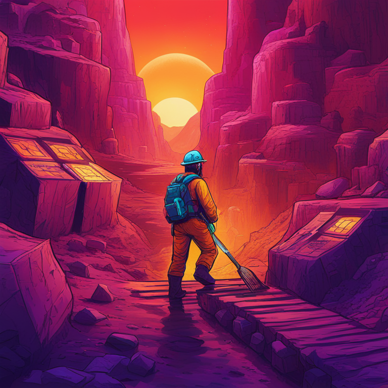 Illustration of a miner navigating through digital landscapes of Bitcoin, representing Miner Hut 8’s strategy, hand-drawn digital illustration, Artstation HQ, vibrant colors, digital kingdoms, futuristic typography