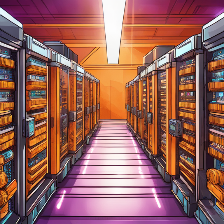 hand-drawn digital illustration of Bitcoin miner machines with stacks of Bitcoins, Artstation HQ, digital art, vibrant colors, high-tech environment, trending on Artstation, detailed and modern design, soft lighting