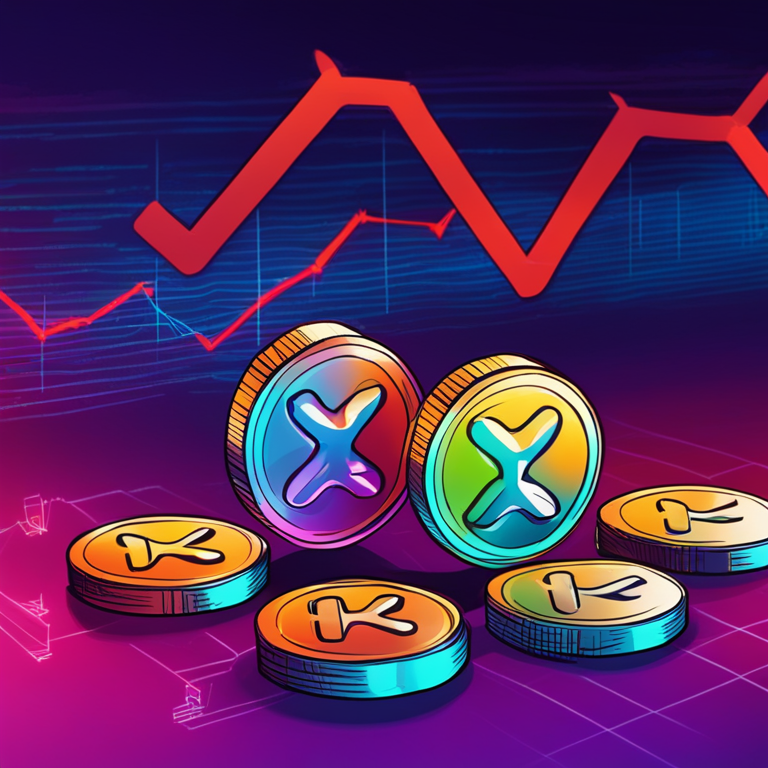 Hand-drawn digital illustration of XRP tokens and a fluctuating graph, trending on Artstation, high-resolution, vibrant colors, abstract financial charts in the background